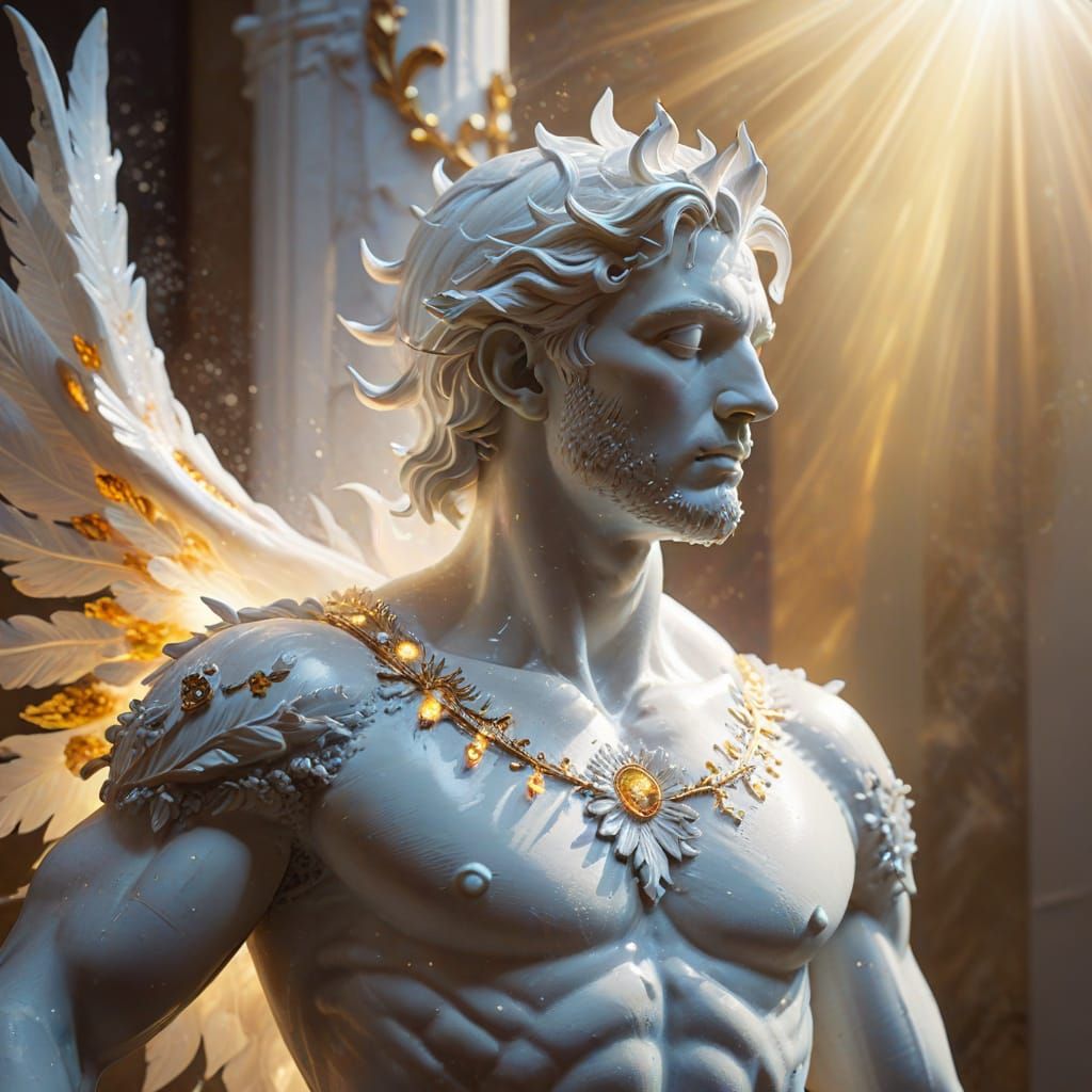 Surrealist Atlas Statue Awakens in Warm Golden Light