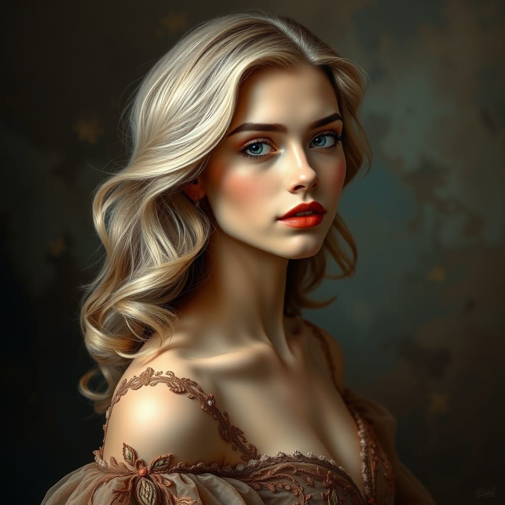 Romantic Portrait with Embroidery in Mucha Style