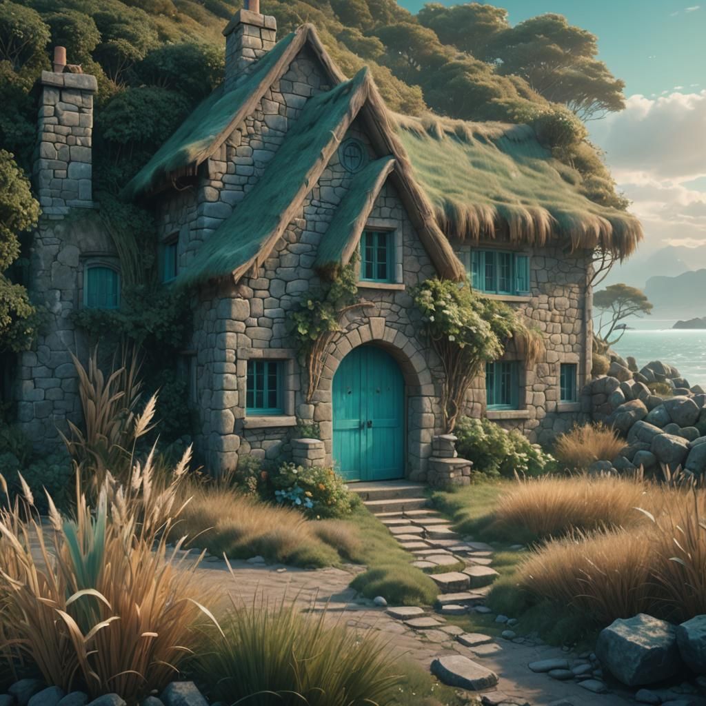 Stone Cottage by the Sea: Matte Painting in Pastel Colors