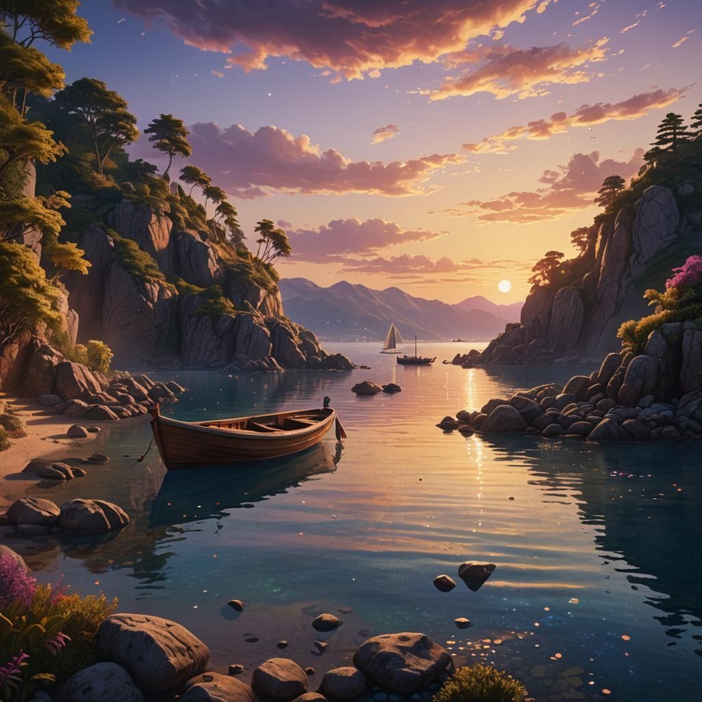 Sunset Boat in Bay: Fantasy Concept Art