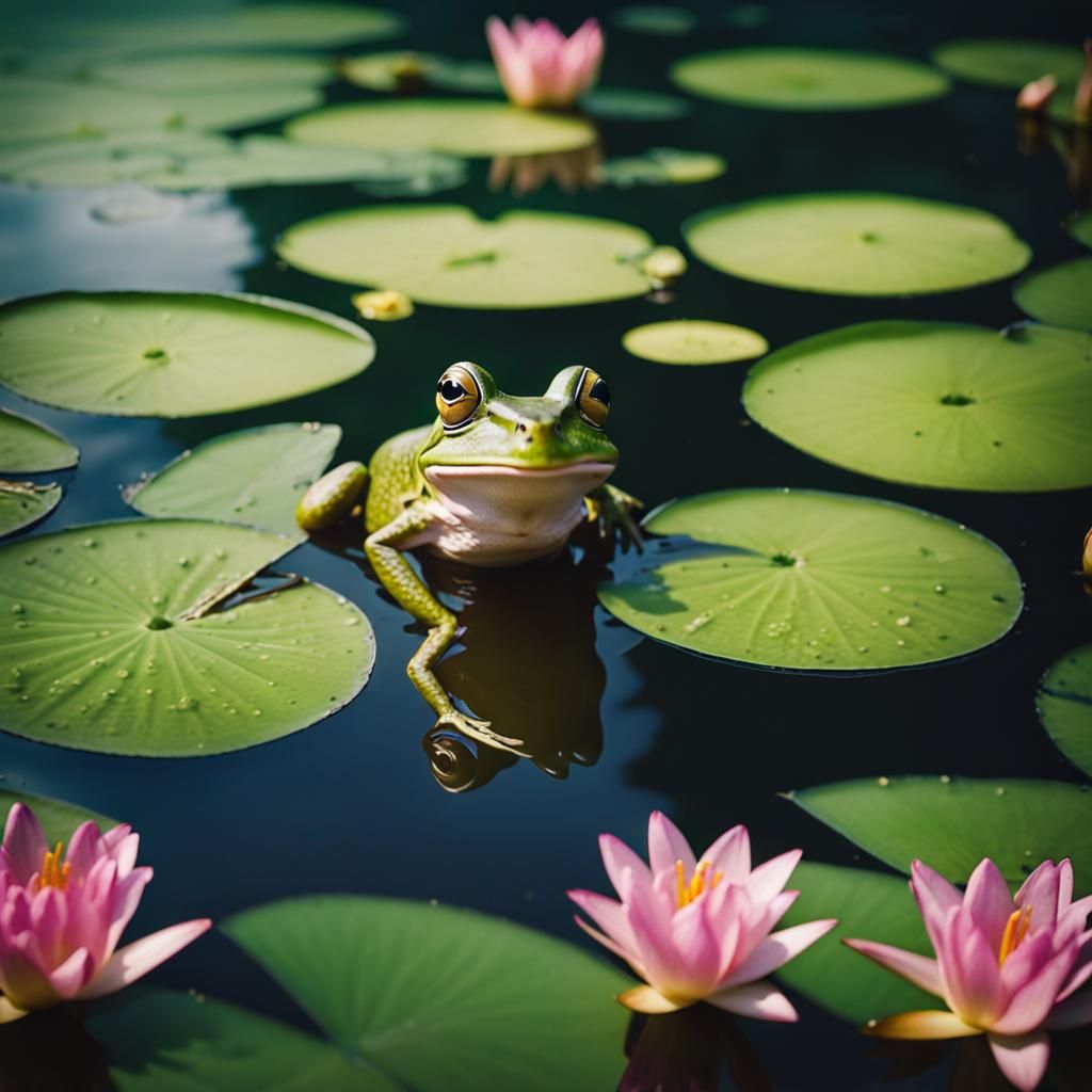 Graceful Frog on Lily Pads: Cinematic Pond Scene