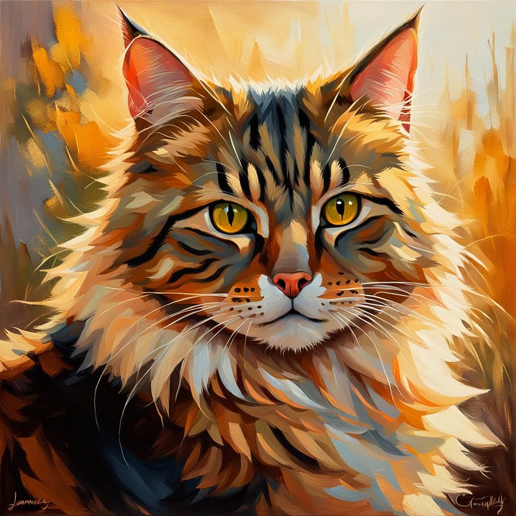 Calm Feline in Golden Light as Impressionist Oil Painting