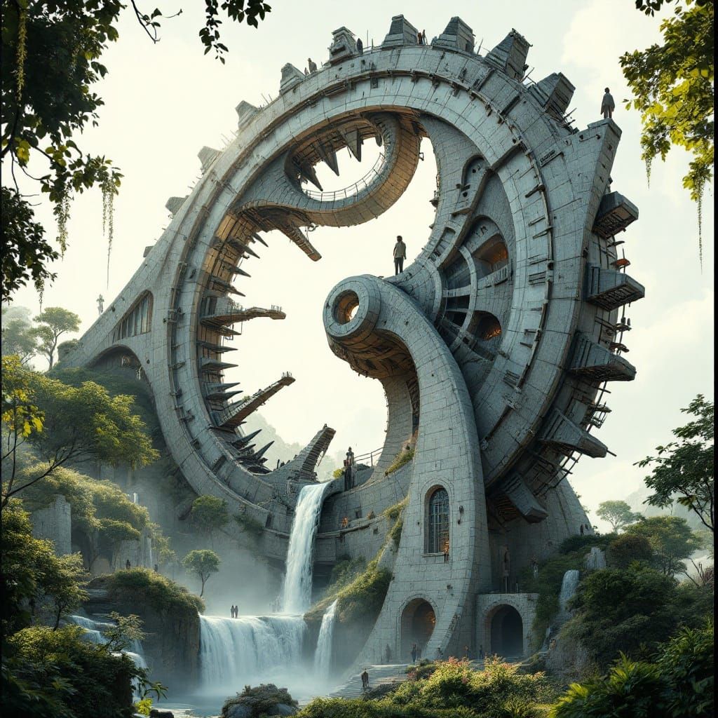 Colossal Water Wheel in Surreal Landscape with Impossible Ge...