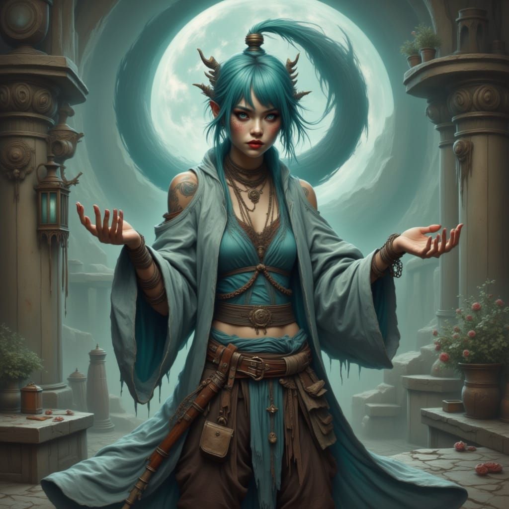 Teal-Haired Monk in Detailed Fantasy Scene