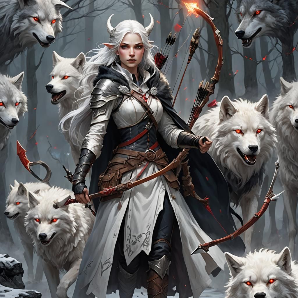Ethereal Archer and Spectral Wolf in Detailed Matte Painting