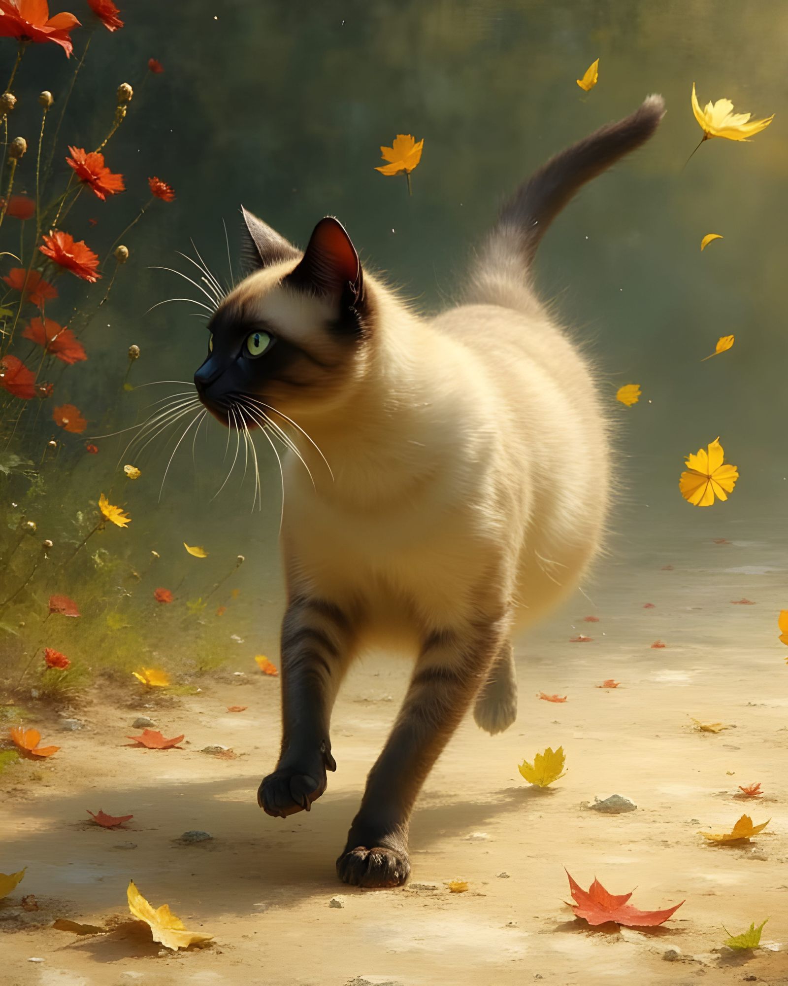 Siamese Cat's Leaf Chase: Da Vinci-Inspired Art