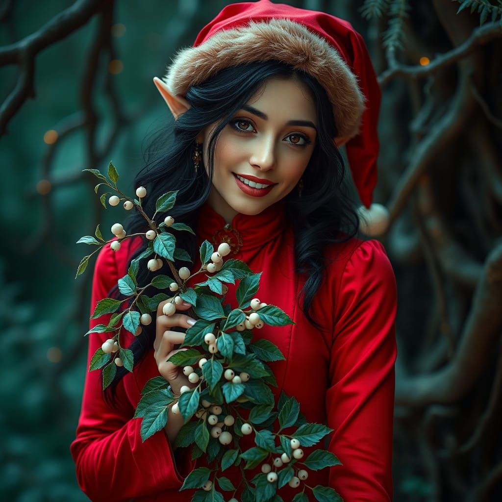 Mystical Mistletoe Maiden in Crimson Elf Attire