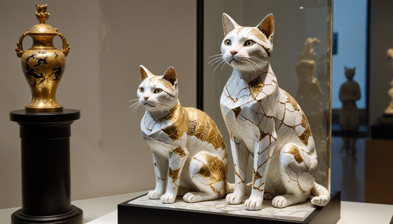 Kintsugi Cat Statue in Museum Display