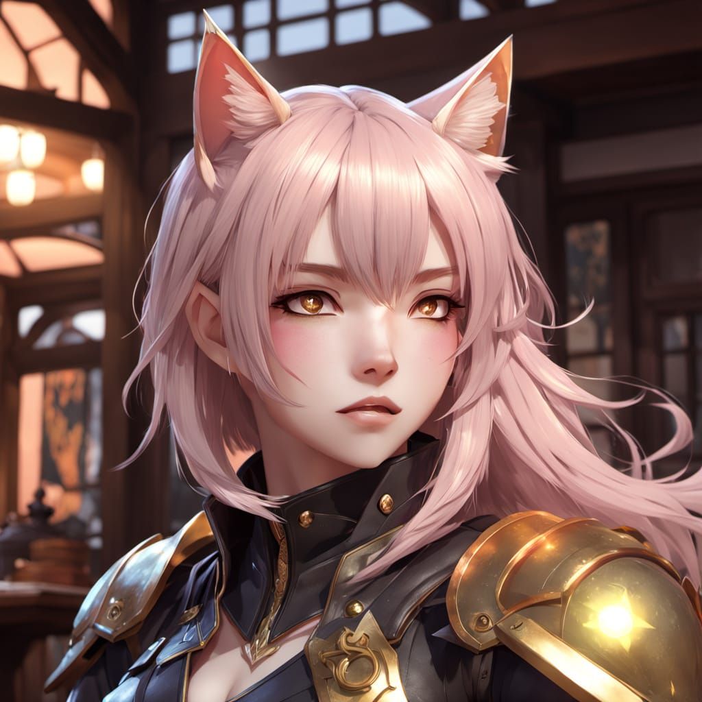 Cat Girl in Golden Armor at Tavern, 3D Anime Art