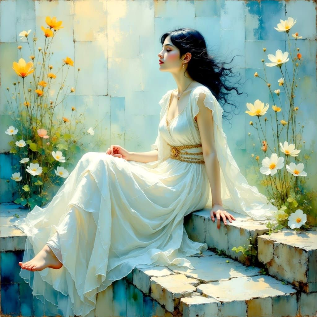 Cozy Pastel Portrait in Deep Blues and Golds