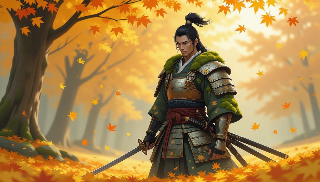 Samurai Warrior in Magical Autumn Forest