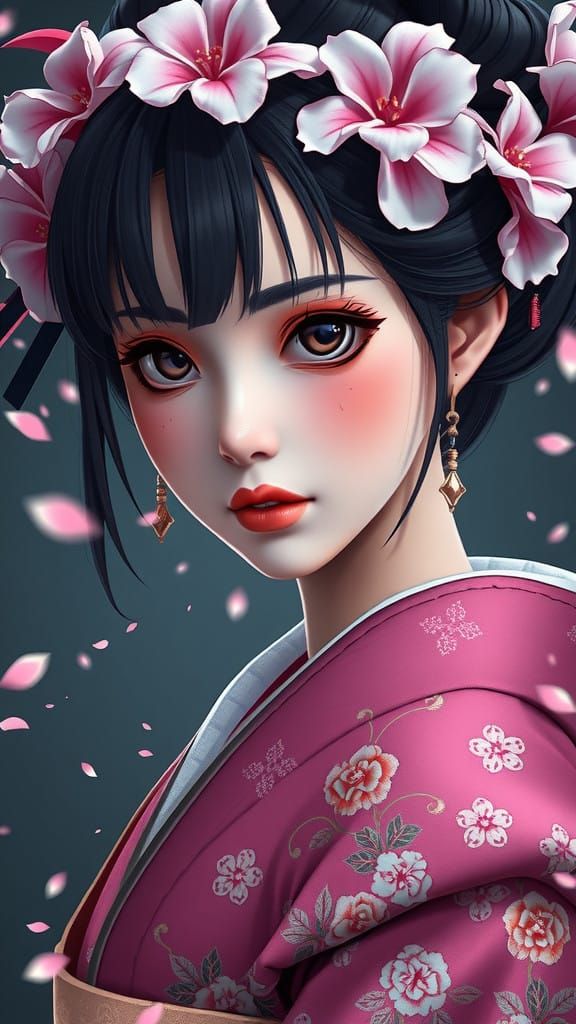 Surreal Geisha Portrait in Triadic Colors, Intricately Detai...