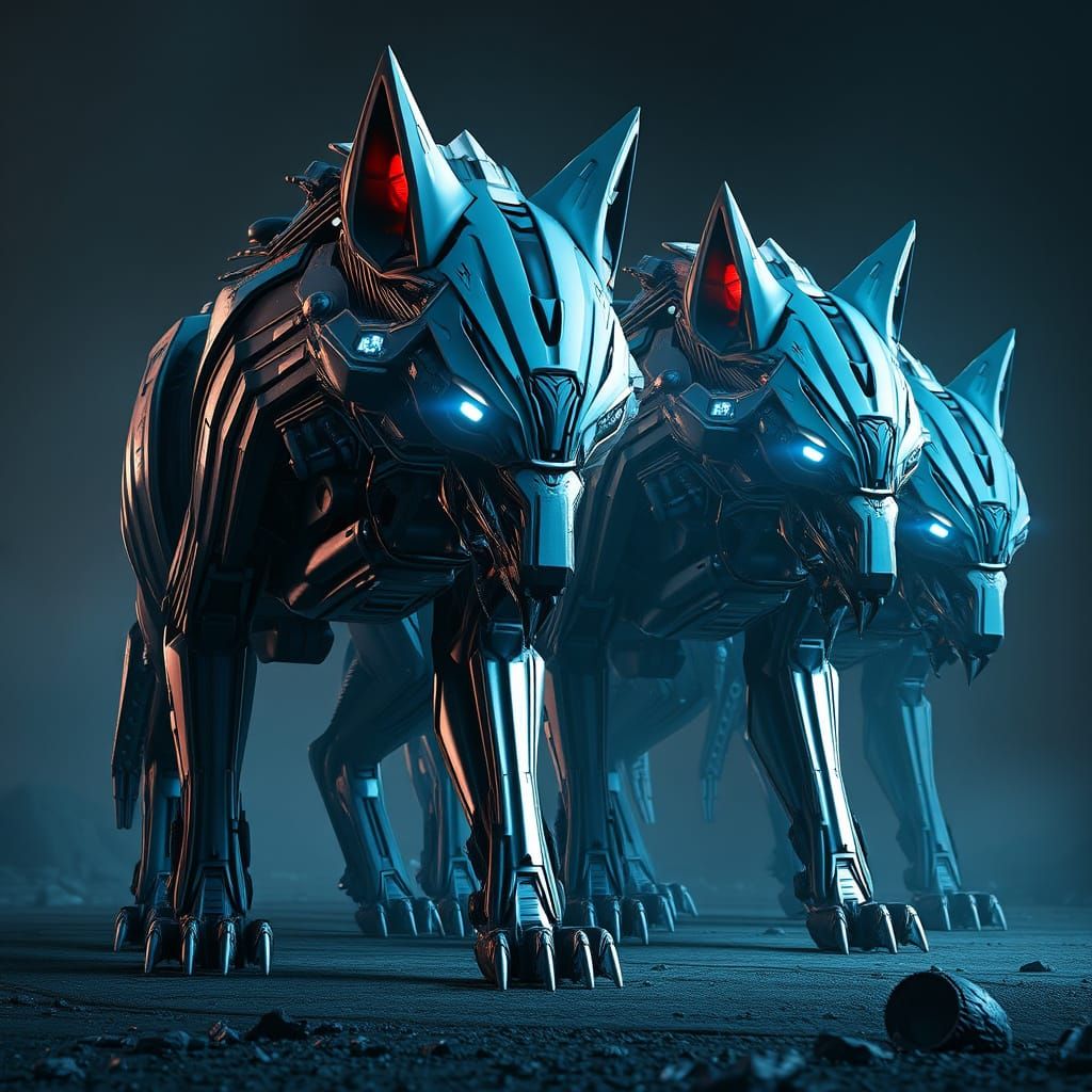 Giant Cyber Wolves in a Futuristic Landscape