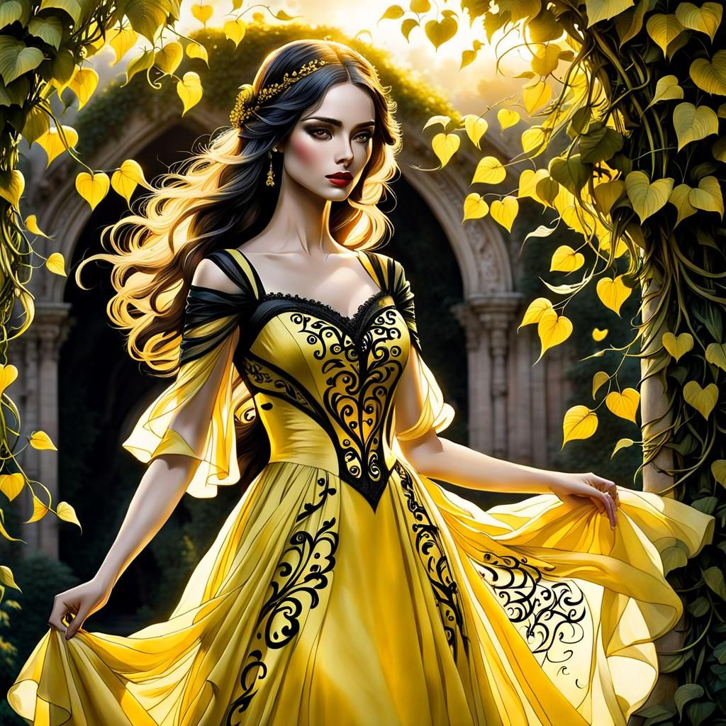 Girl in Yellow Gown with Gothic Calligraphy