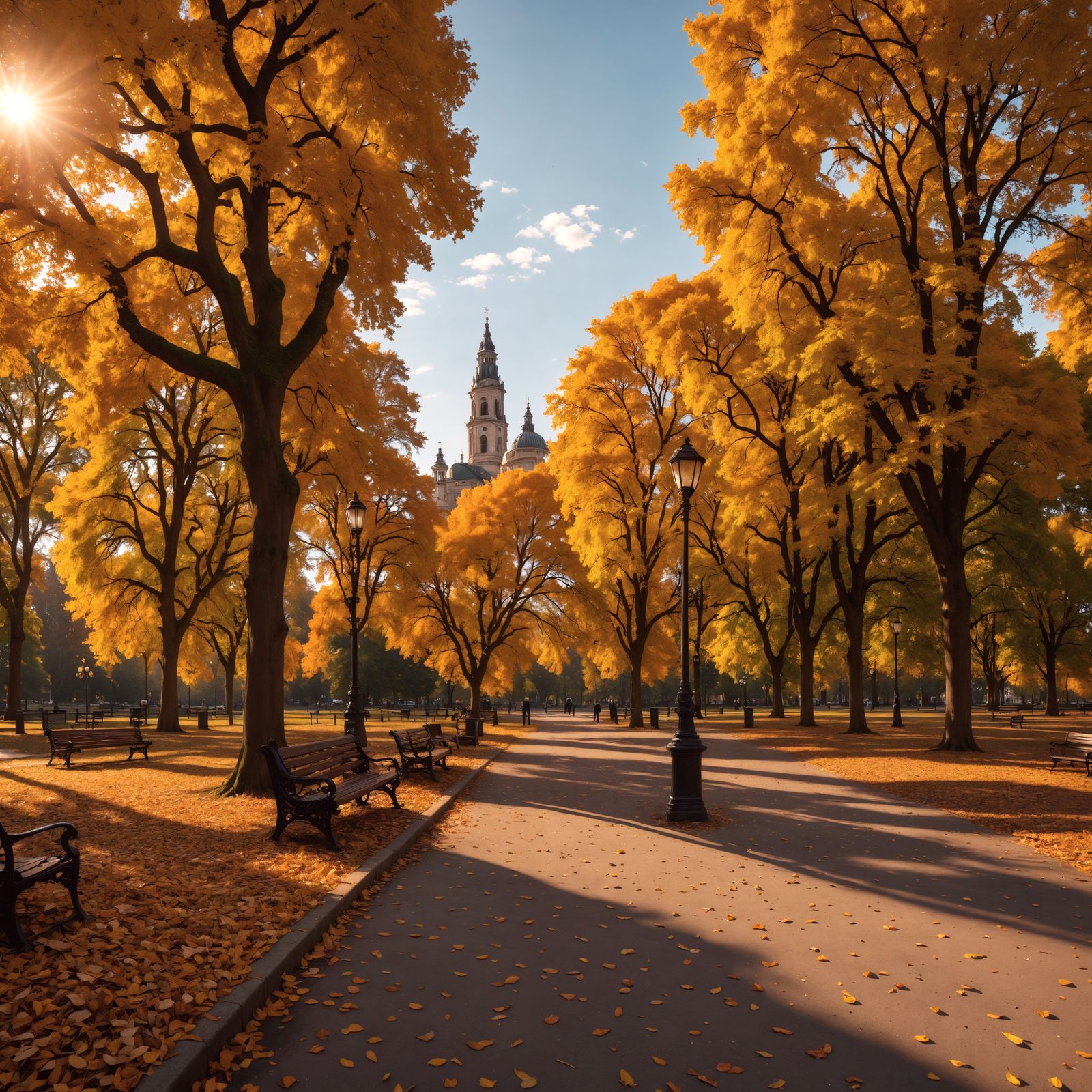 Autumn City Park: Hyperrealistic Cinematic Composition