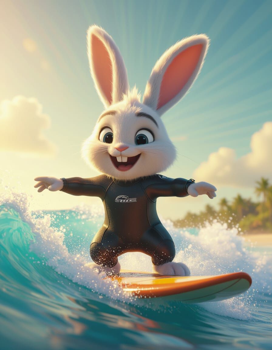 Cute Bunny Surfing Waves in Pixar Style
