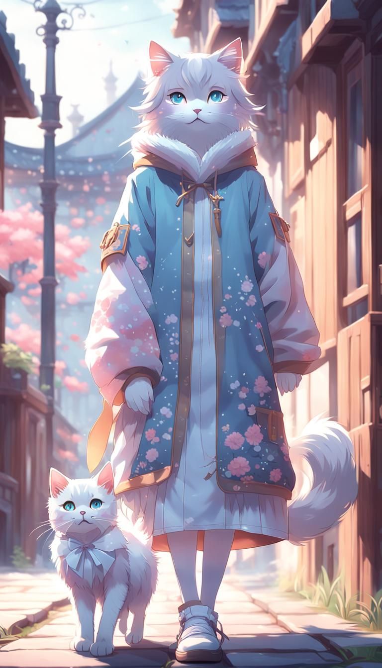 Anime Cat Gazing at Human in Pastel Colors