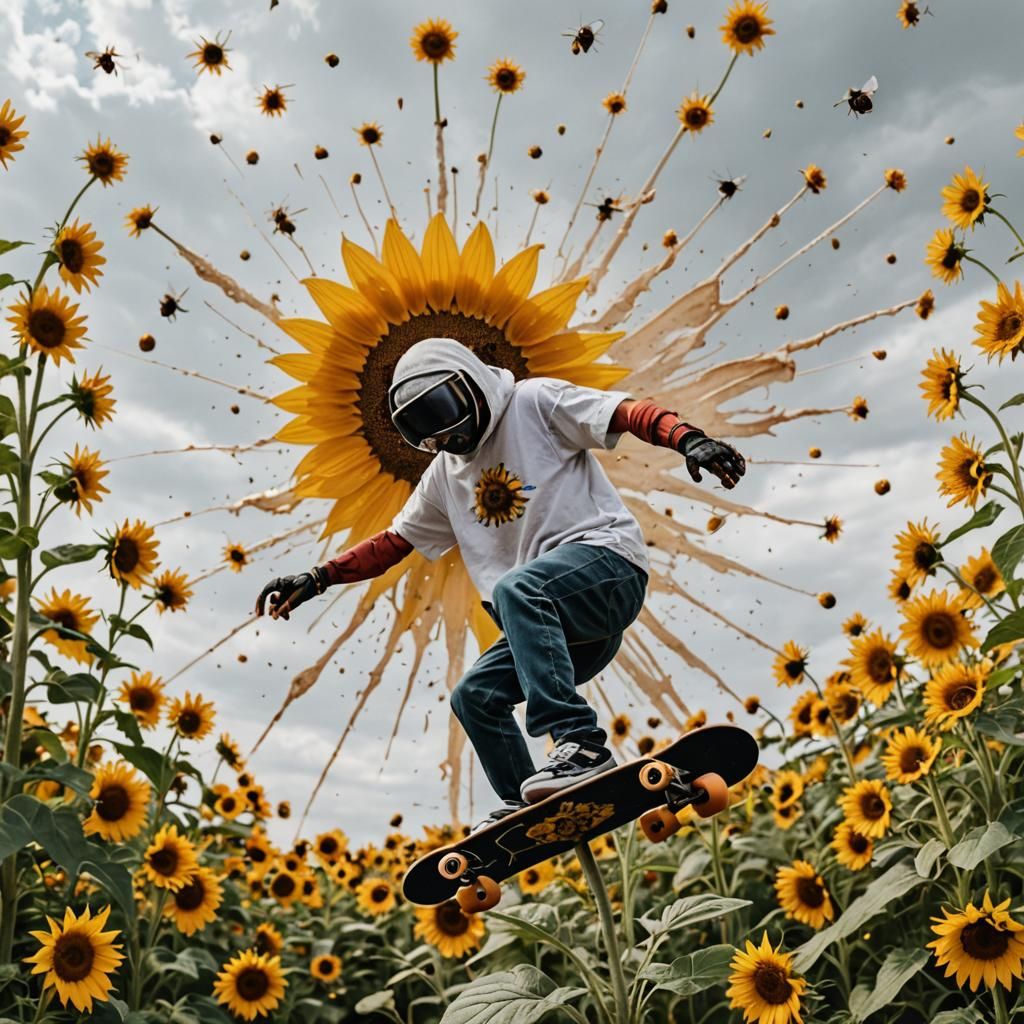 Bee Skateboarder with Futuristic Vortex and Sunflower