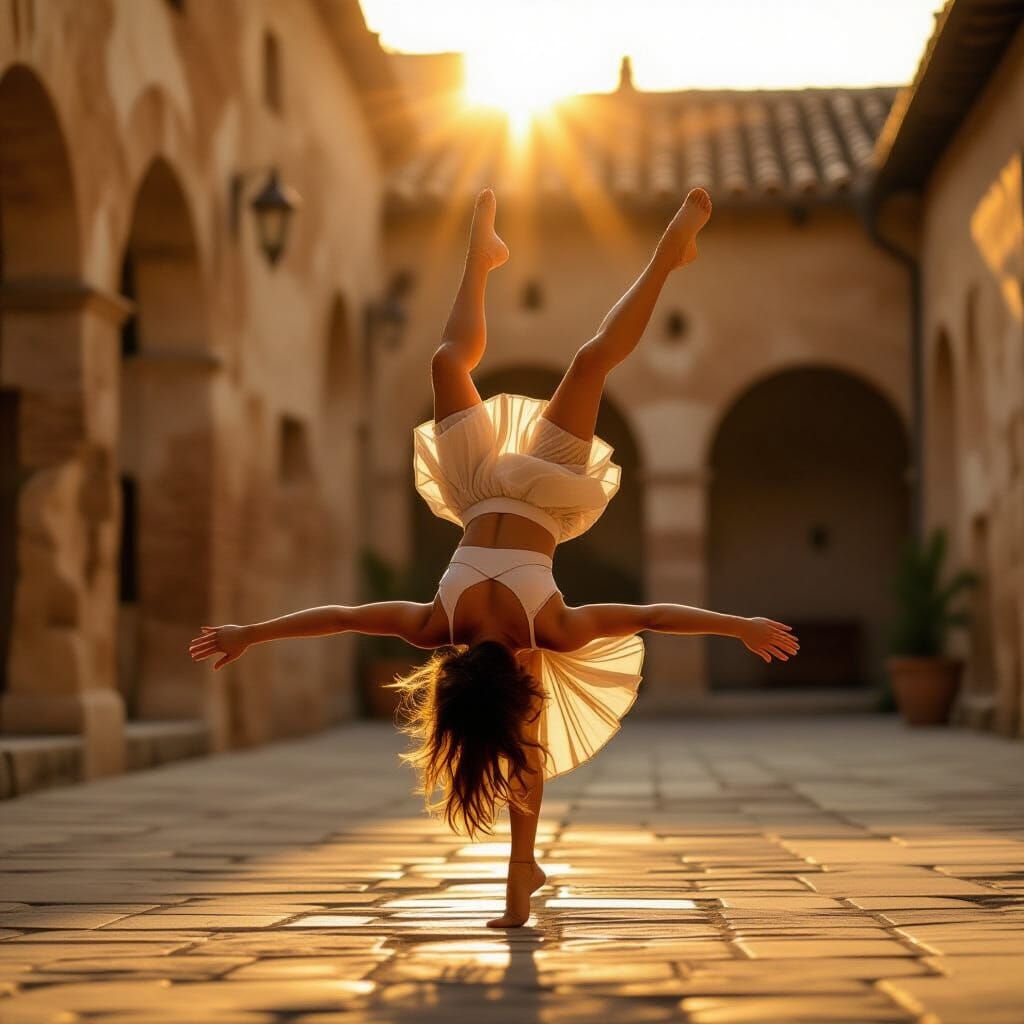 Woman Mid-Somersault in Roman Courtyard Golden Hour