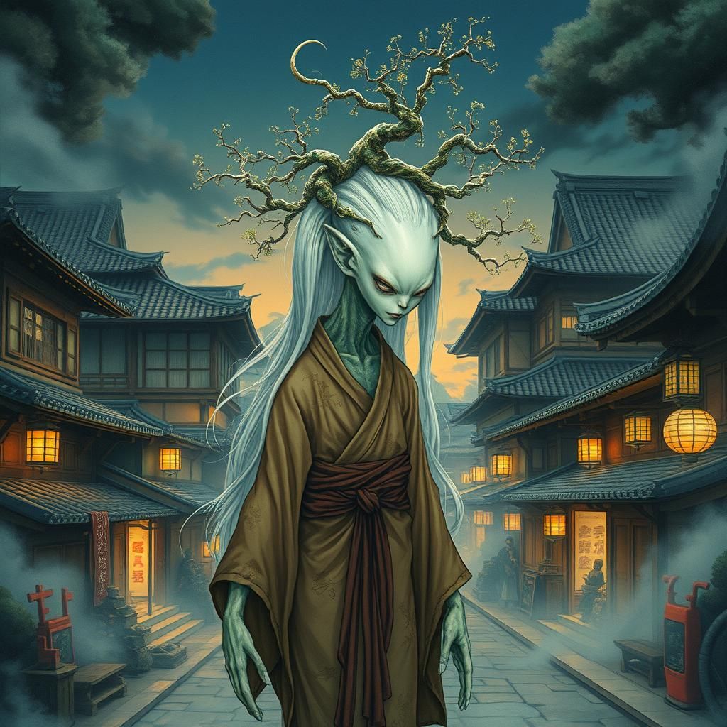 Alien with Bonsai in Japanese Cityscape, Ukiyo-e Style