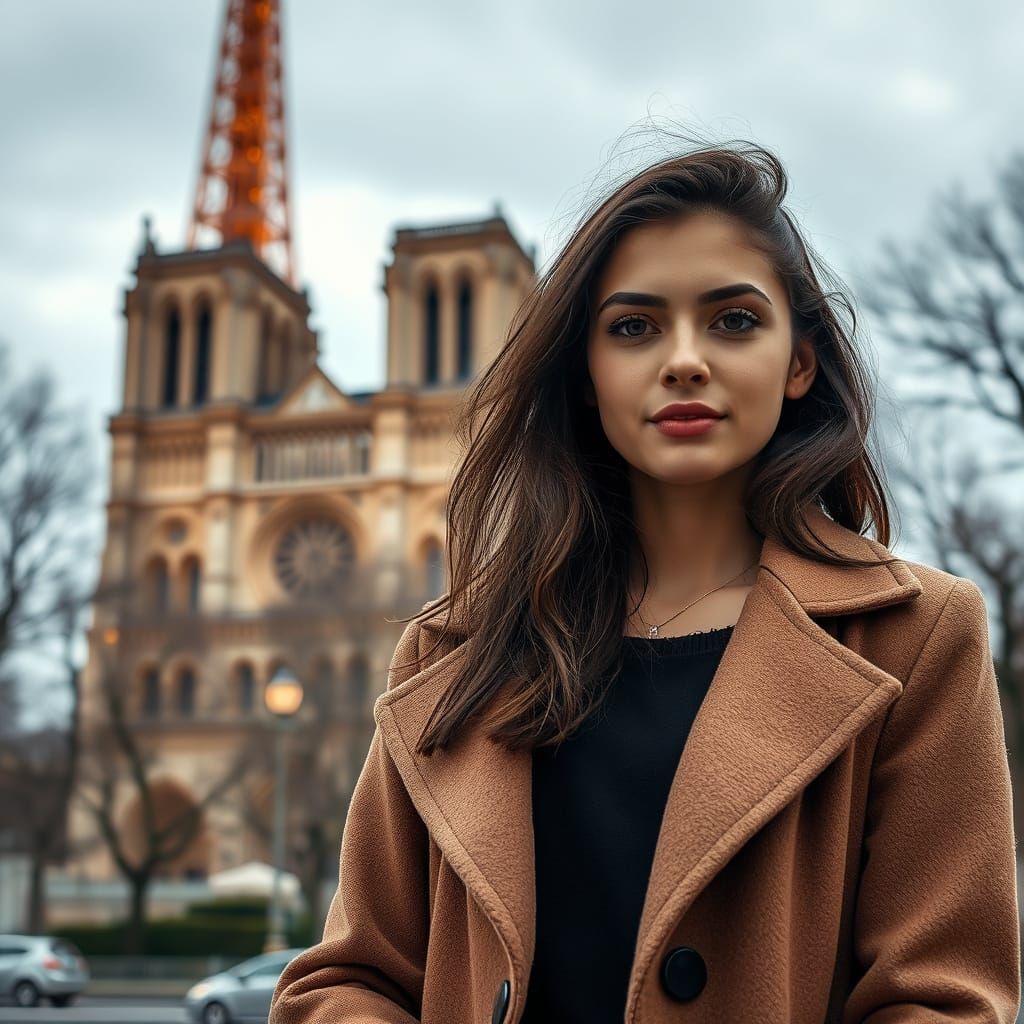 Young Woman in French Attire in Front of Eiffel Tower