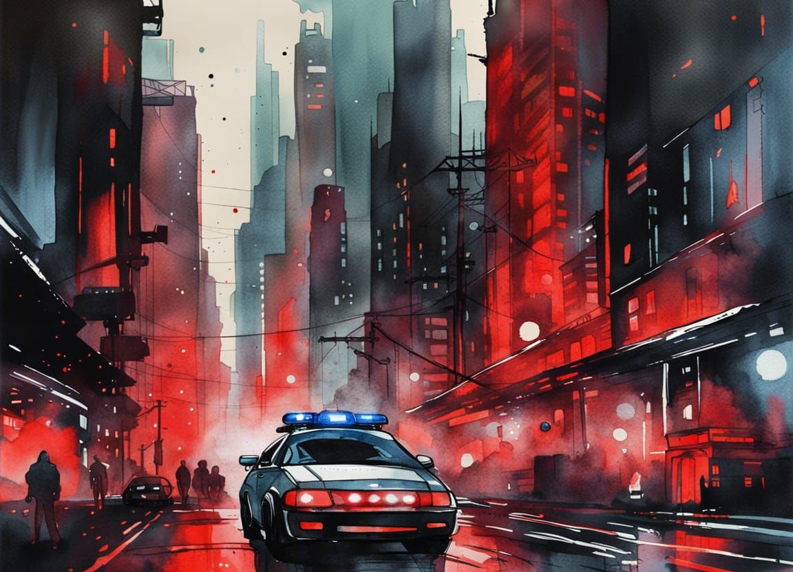 Cyberpunk Cityscape with Flying Car in Watercolor Style