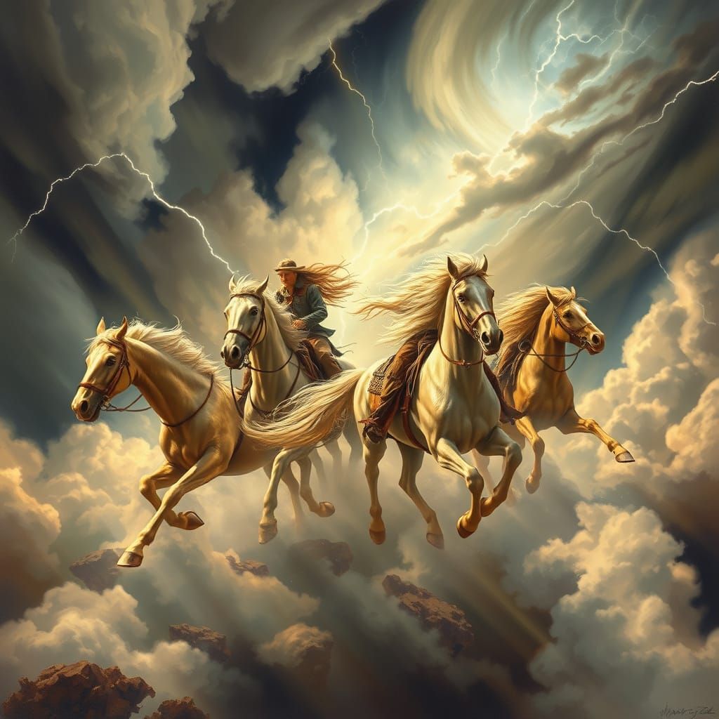 Ephemeral Riders on Cloud Horses in Stormy Sky