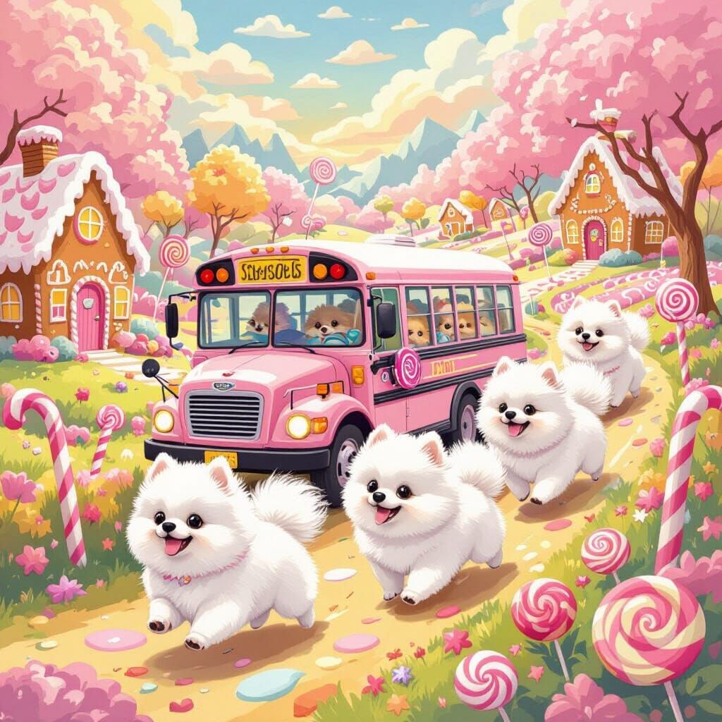 Pomeranians Chase Pink School Bus in Candy Land