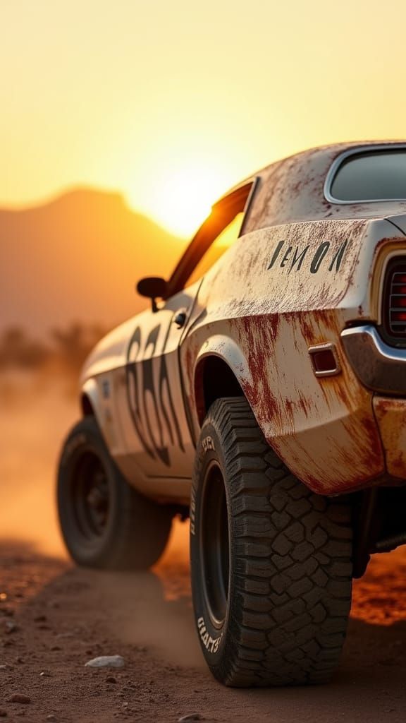 Muscle Car in Desert Sunset - Hyperrealistic