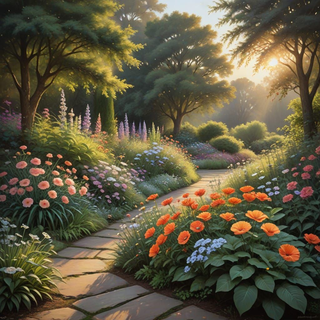 Garden at Sunset in Earthy Oil Painting Style