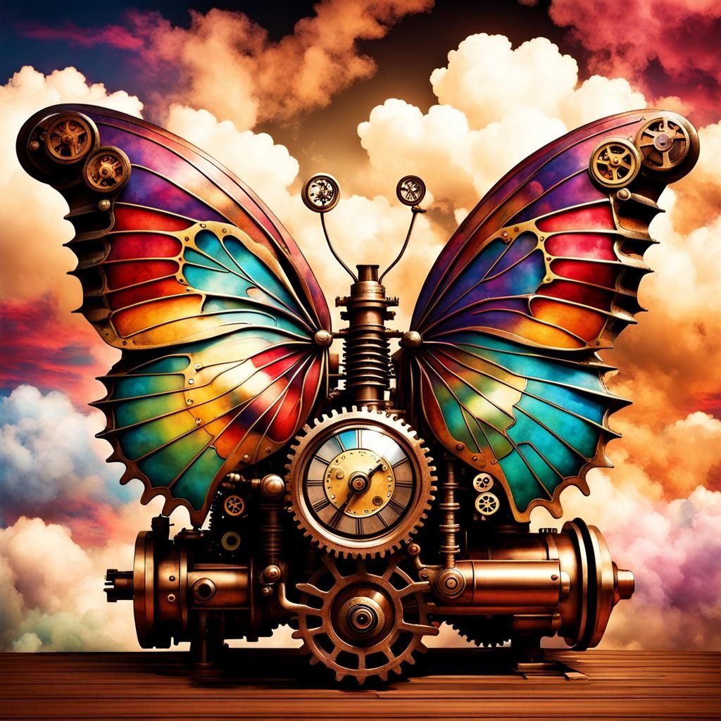 Steampunk Butterfly Soaring Through Colorful Clouds