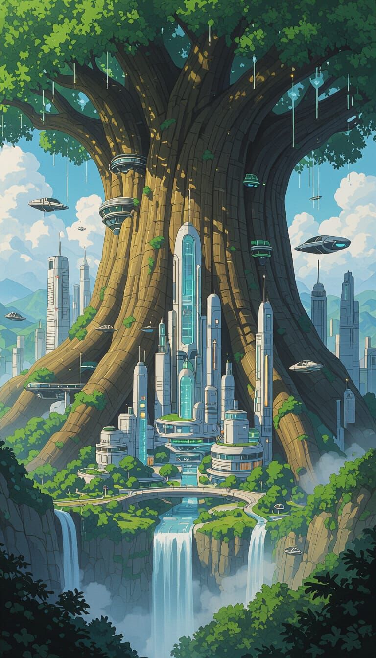 Utopian Cityscape Inside a Tree, Ghibli-Inspired