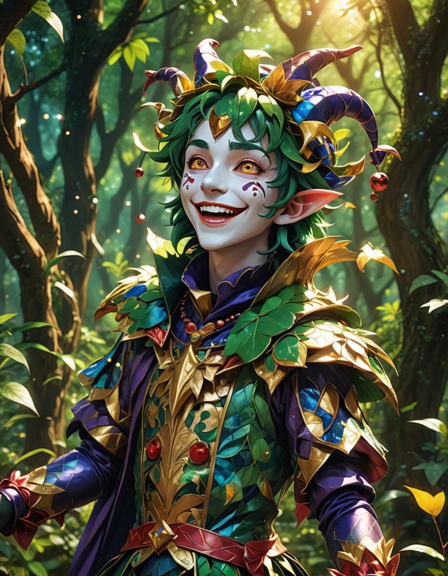 Joyful Jester Laughing in Lush Forest: Anime Art