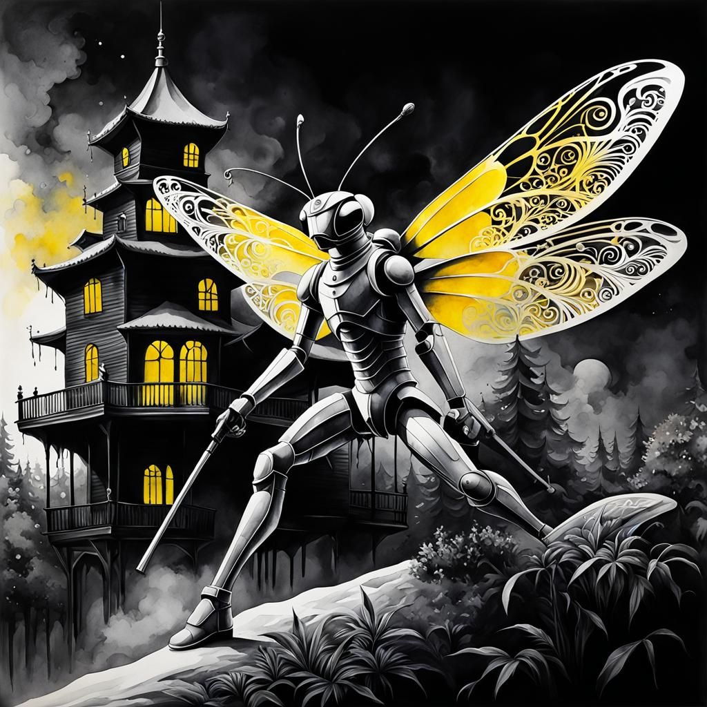 Monochrome Dragonfly Soldier in Watercolor Art