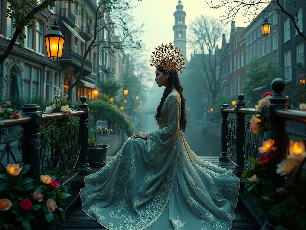 Serene Amsterdam Goddess in Dreamy Cityscape