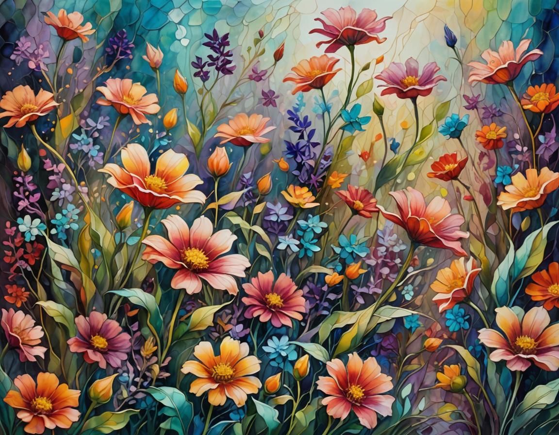 Dreamlike Garden Scene as Expressionist Oil Painting