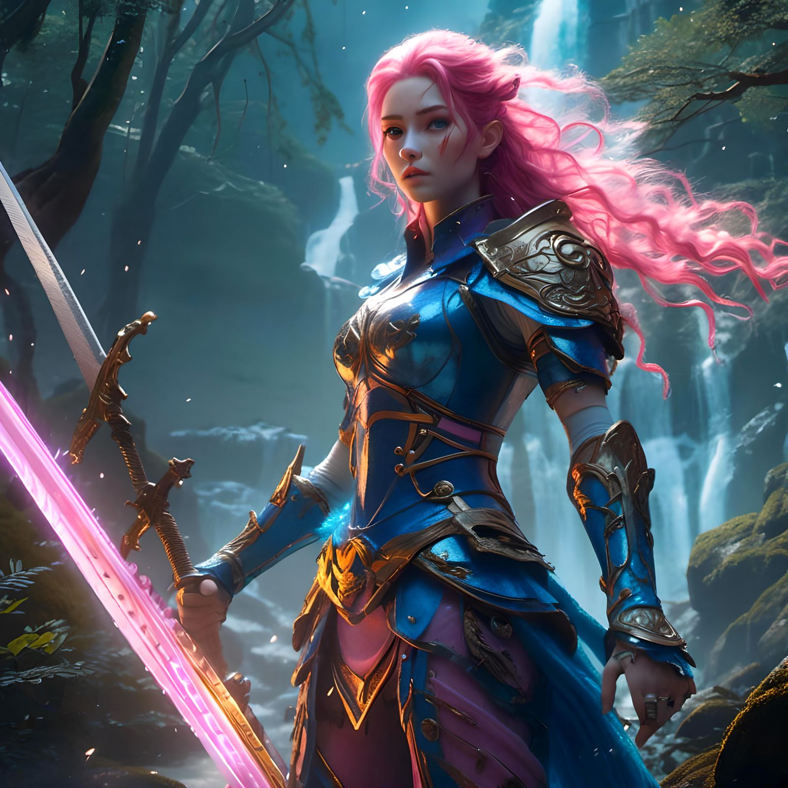 Pink-Haired Warrior in Blue Armor: 3D Anime Art