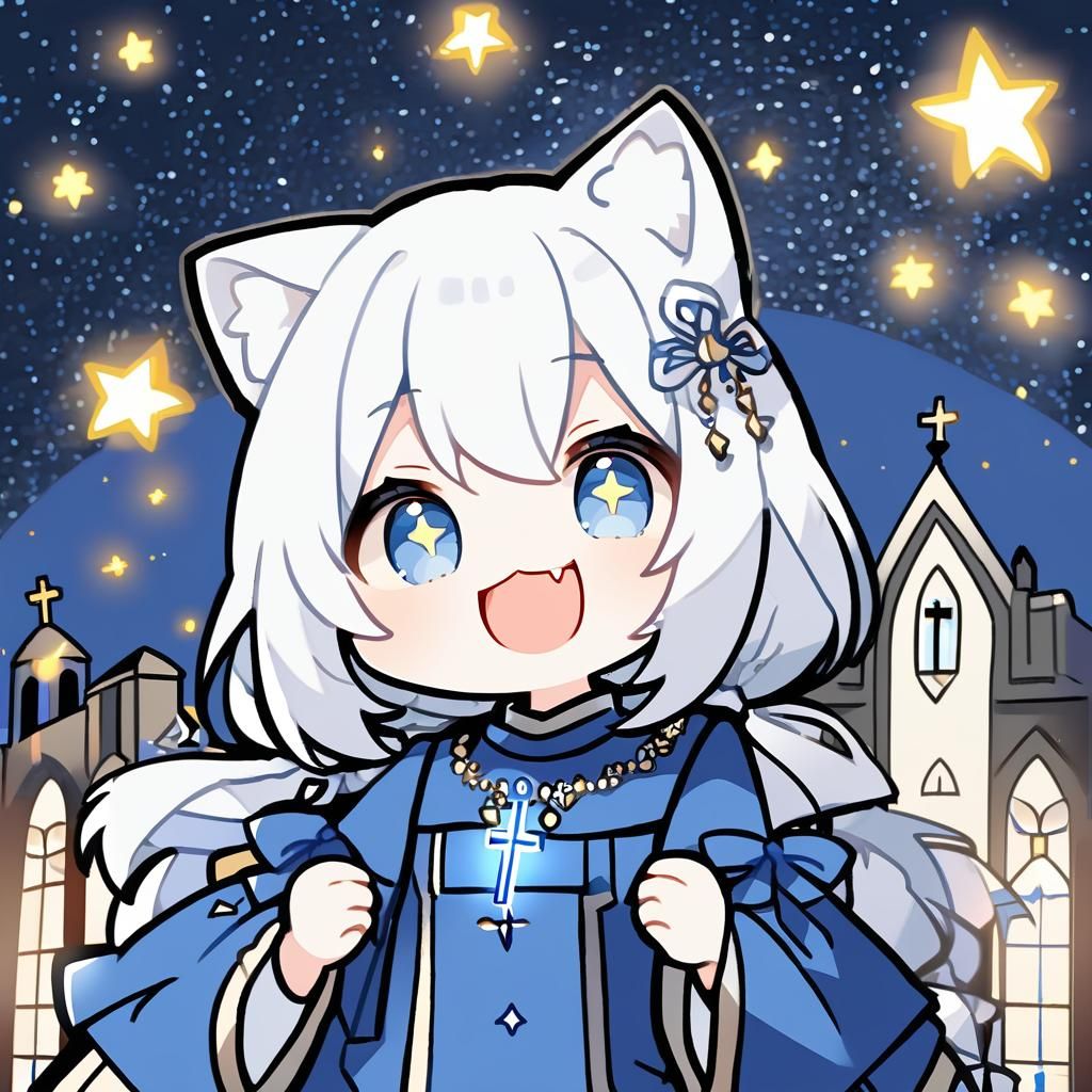 Cute Chibi Catgirl in Front of Church at Night