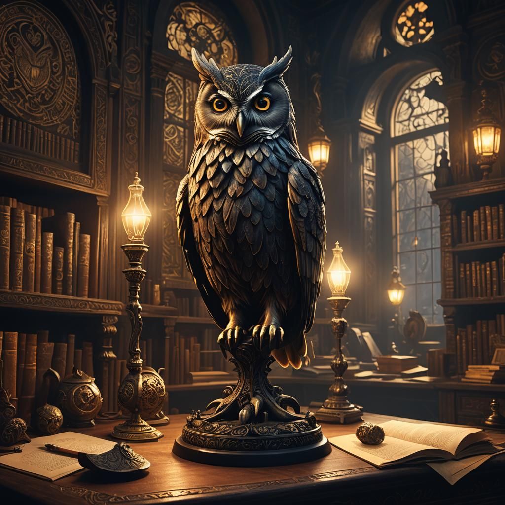 Mystical Owl Lamp in Eerie Study