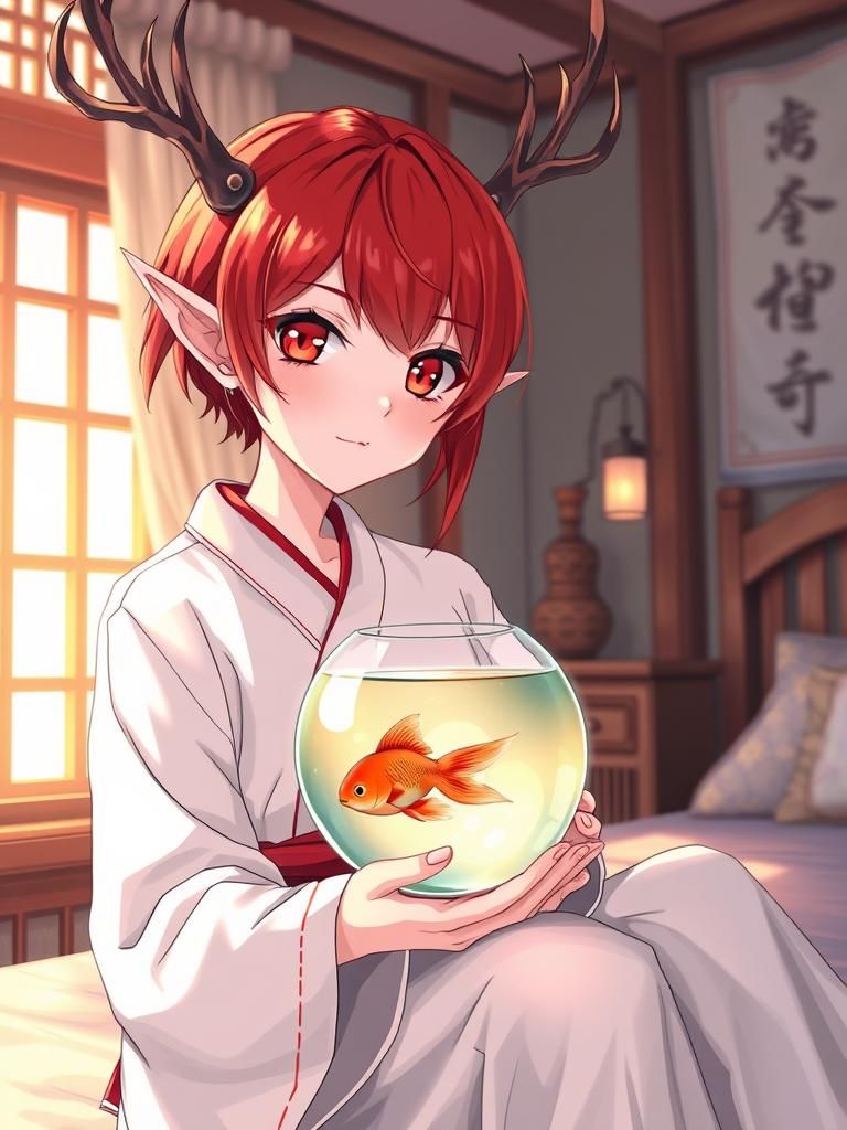 Anime Woman with Antlers and Goldfish Bowl