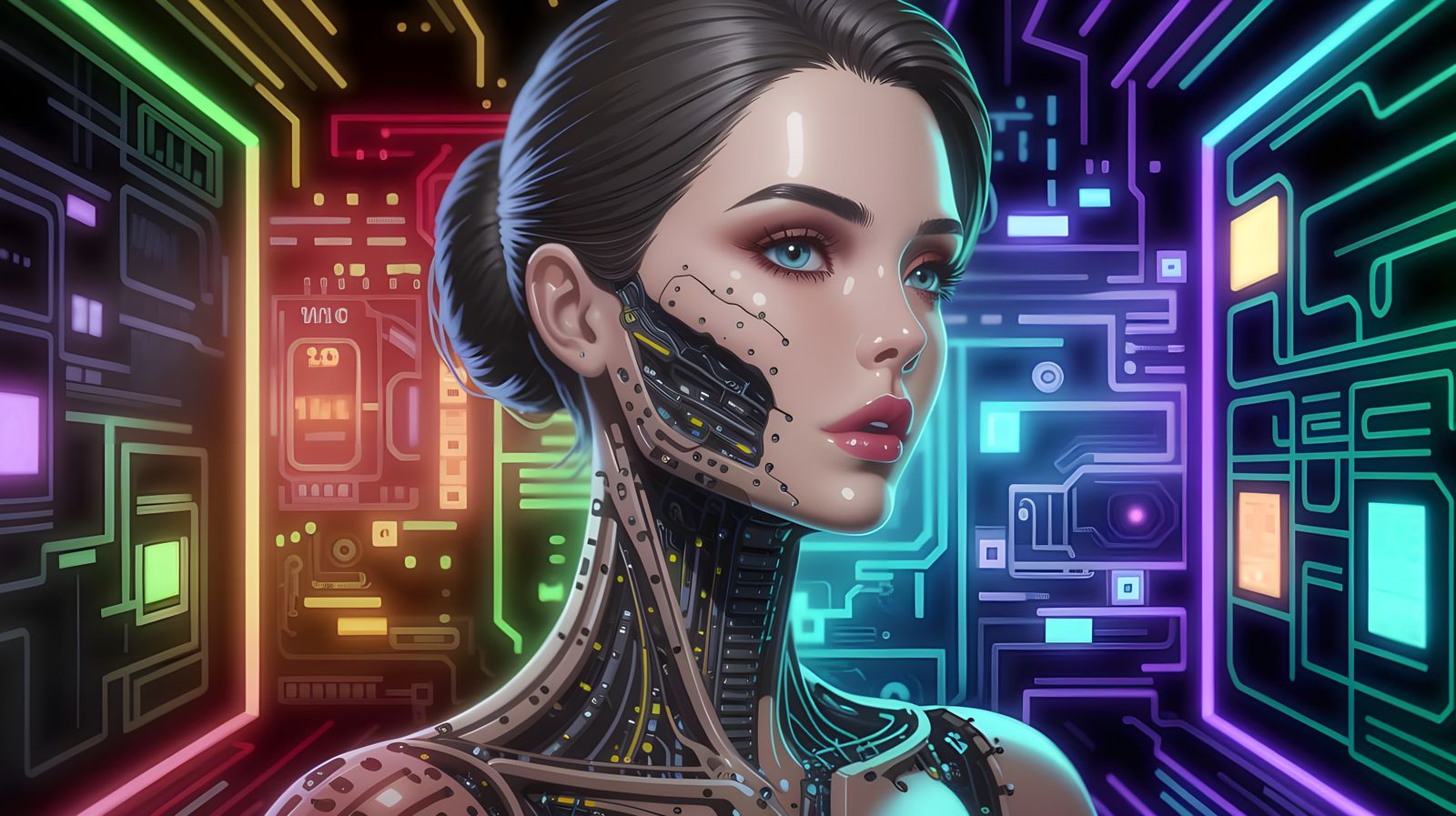 Glowing Circuitry Beauty Unveiled in Cyberpunk 3D Anime Styl...
