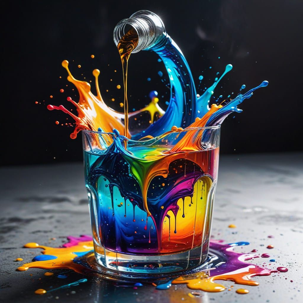 Liquid Rainbow Overflowing Glass in Graffiti Art Style
