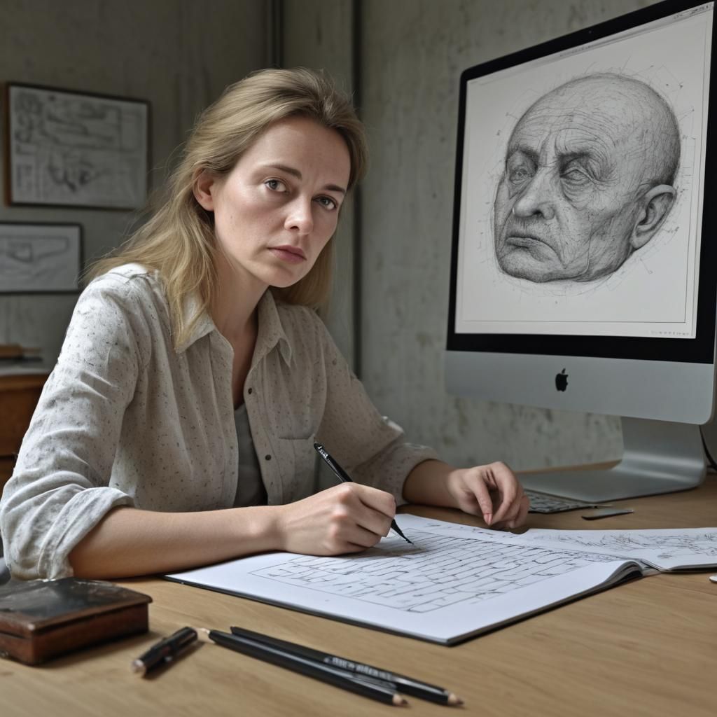 Hyperrealistic Woman Drawing Magpie in Digital Art