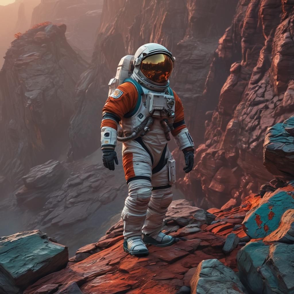 Astronaut on Rocky Cliff at Sunset, Ivory Painting