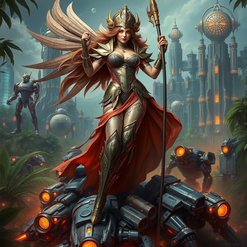 Triumphant Warrior Queen in a Futuristic Jungle
