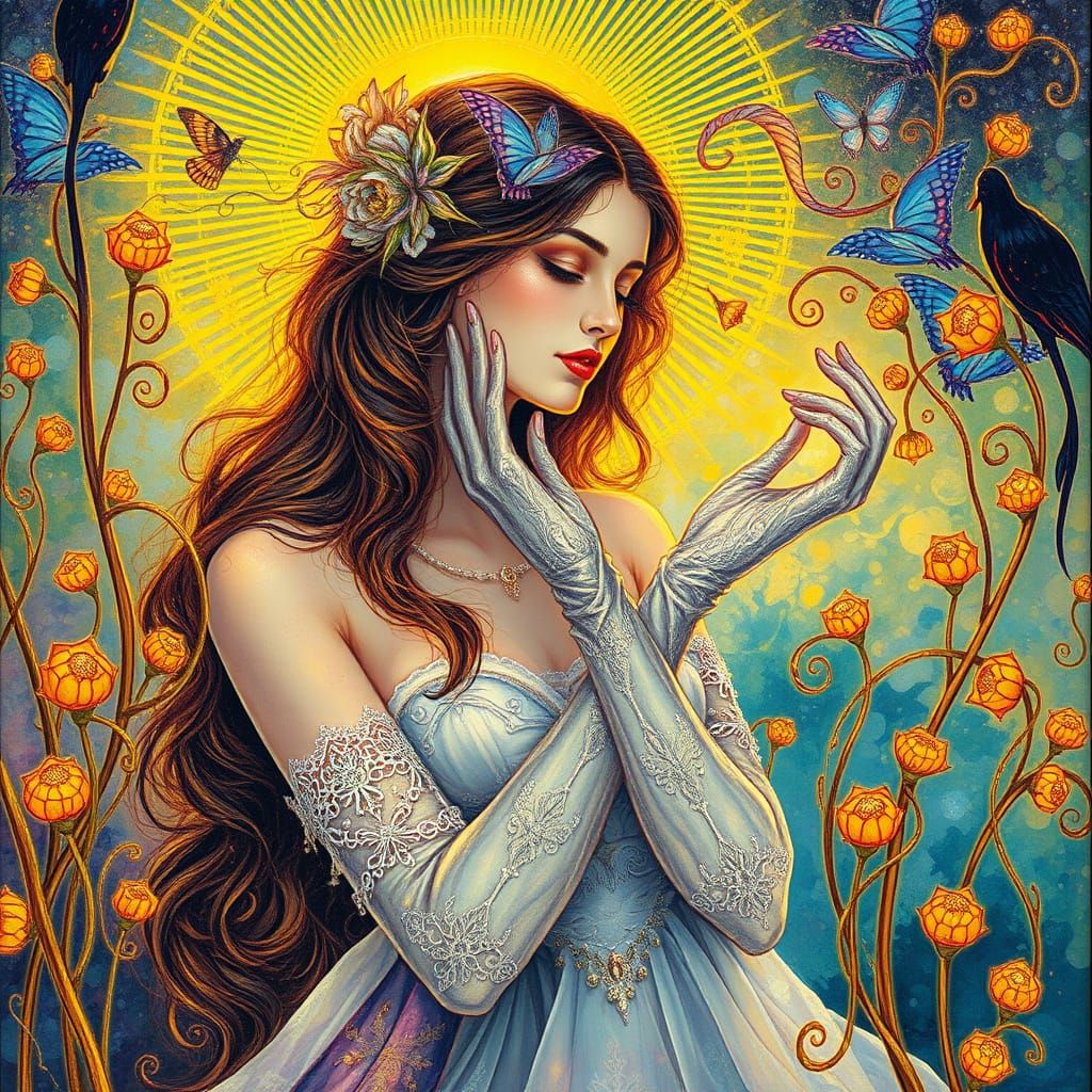 Luminescent Goddess in Ethereal Dreamscape, Mixed Media