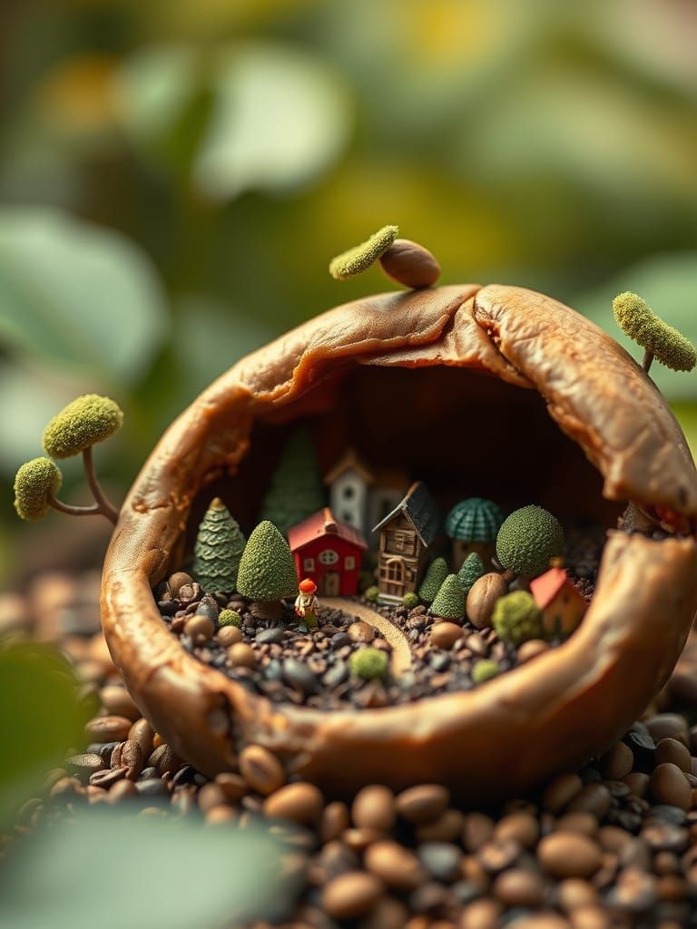 Miniature Village in Coffee Bean, Whimsical Scene
