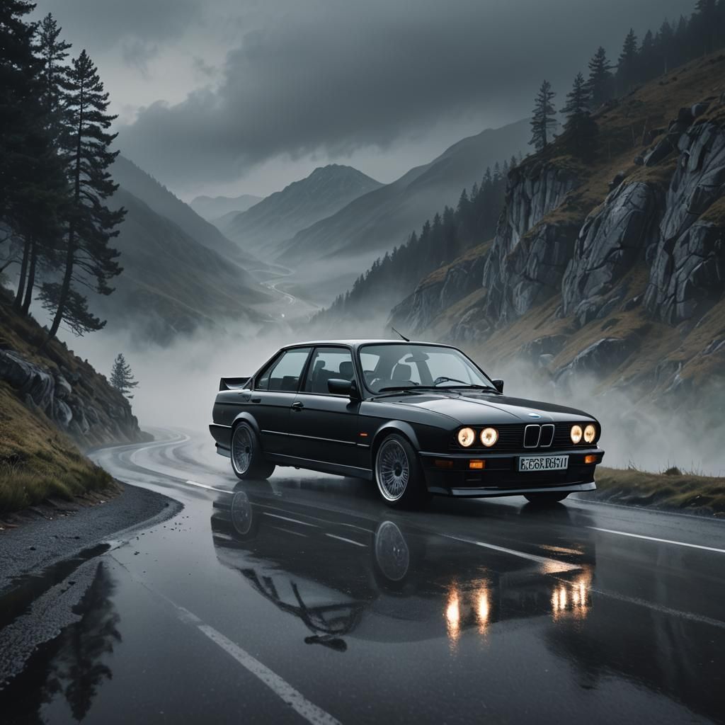 Black BMW E30 M3 on Misty Mountain Road