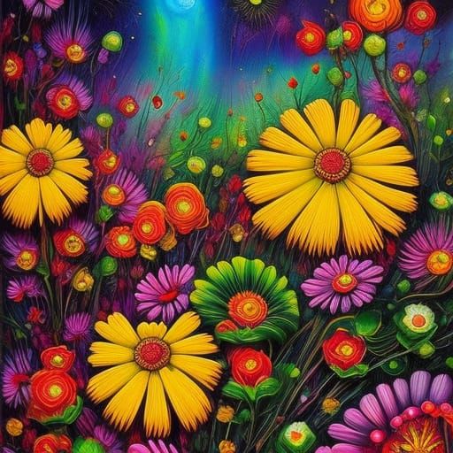 Detailed Floral Mixed Media Painting in Expressionist Style