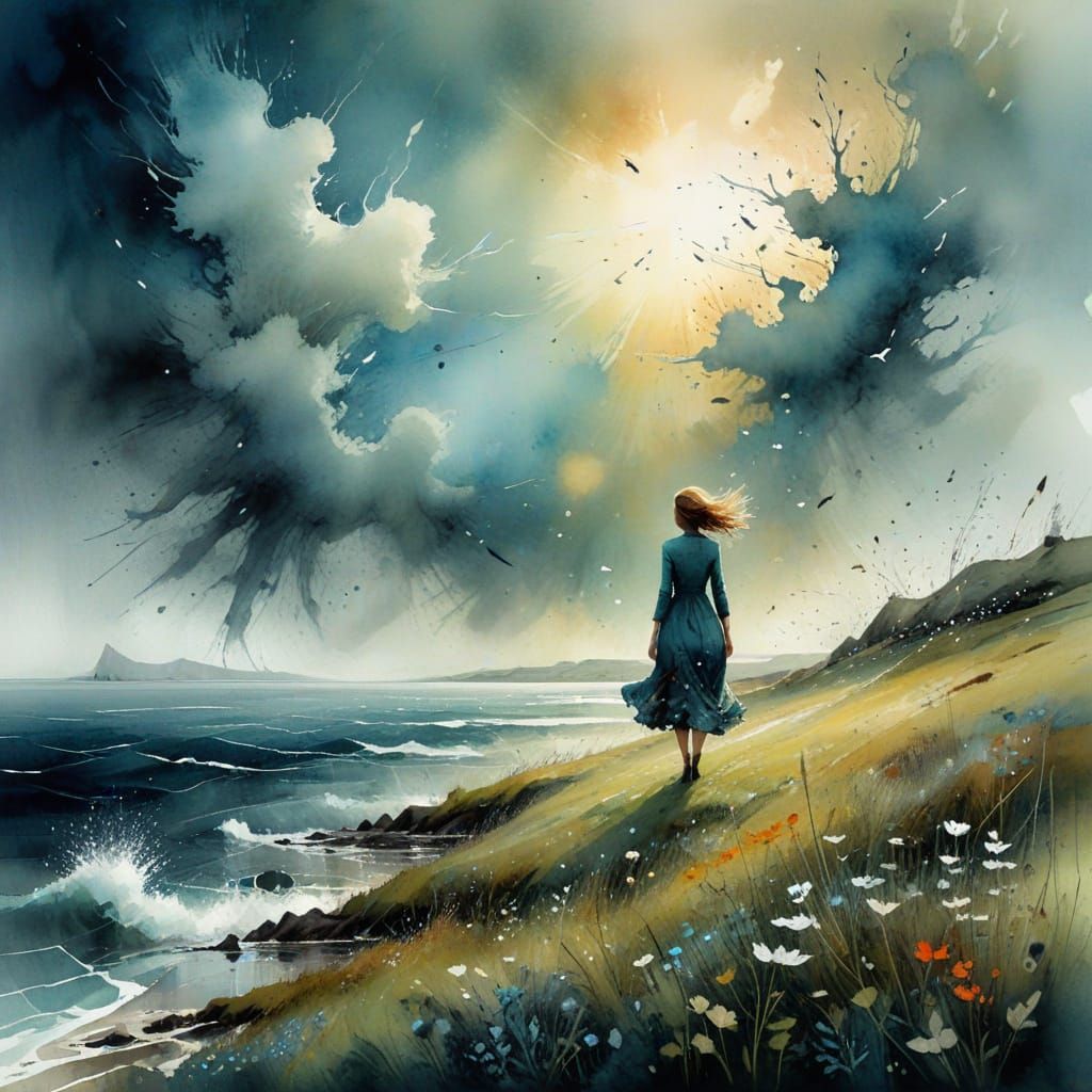 Surreal Coastal Landscape in Dreamlike Watercolors